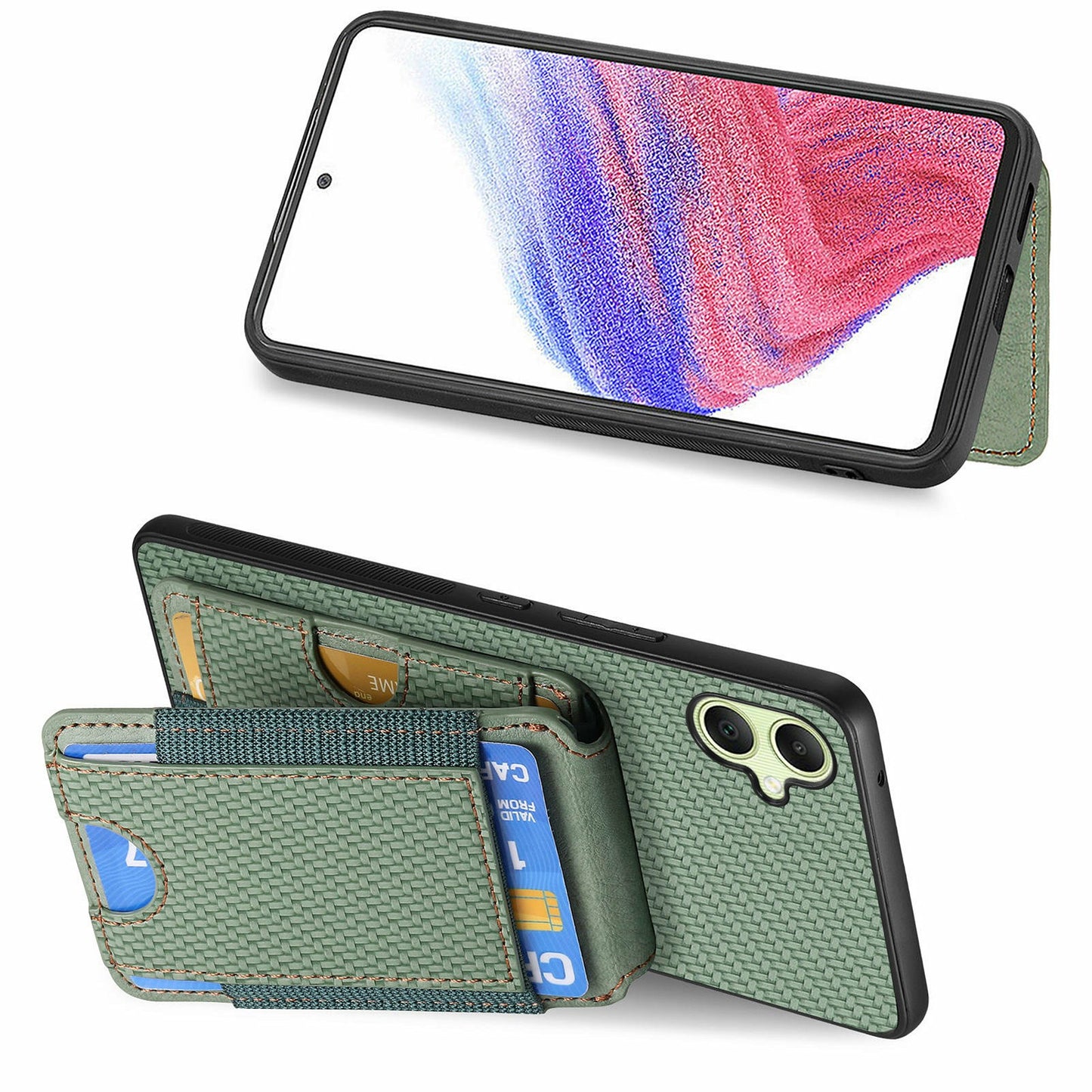 For Samsung Galaxy A06 Case Card Holder Leather+PC+TPU Kickstand Phone Cover - Green