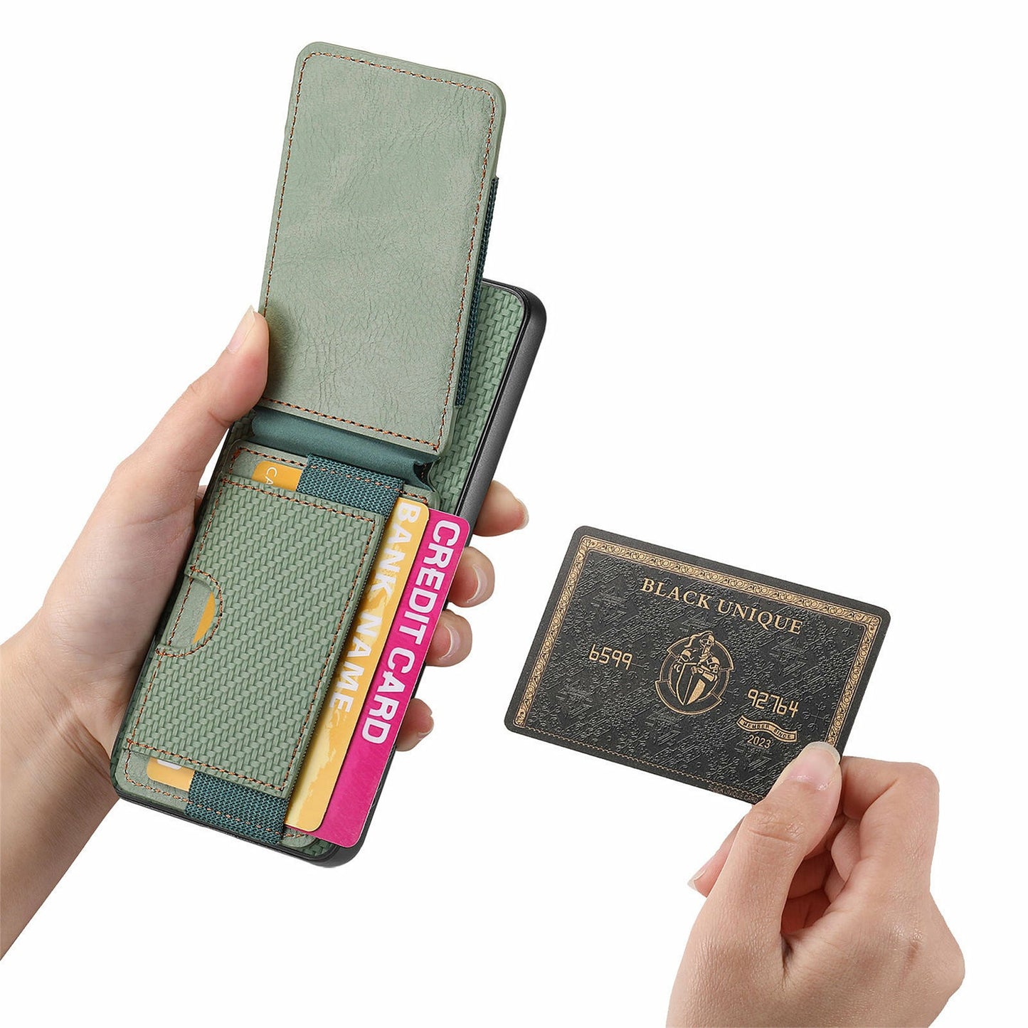 For Samsung Galaxy A06 Case Card Holder Leather+PC+TPU Kickstand Phone Cover - Green
