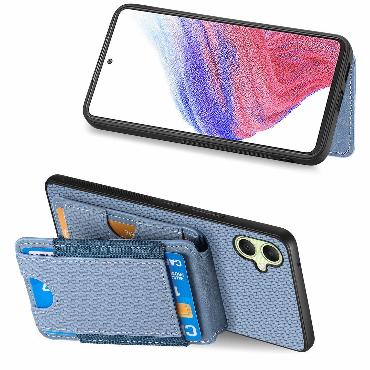 For Samsung Galaxy A06 Case Card Holder Leather+PC+TPU Kickstand Phone Cover - Blue