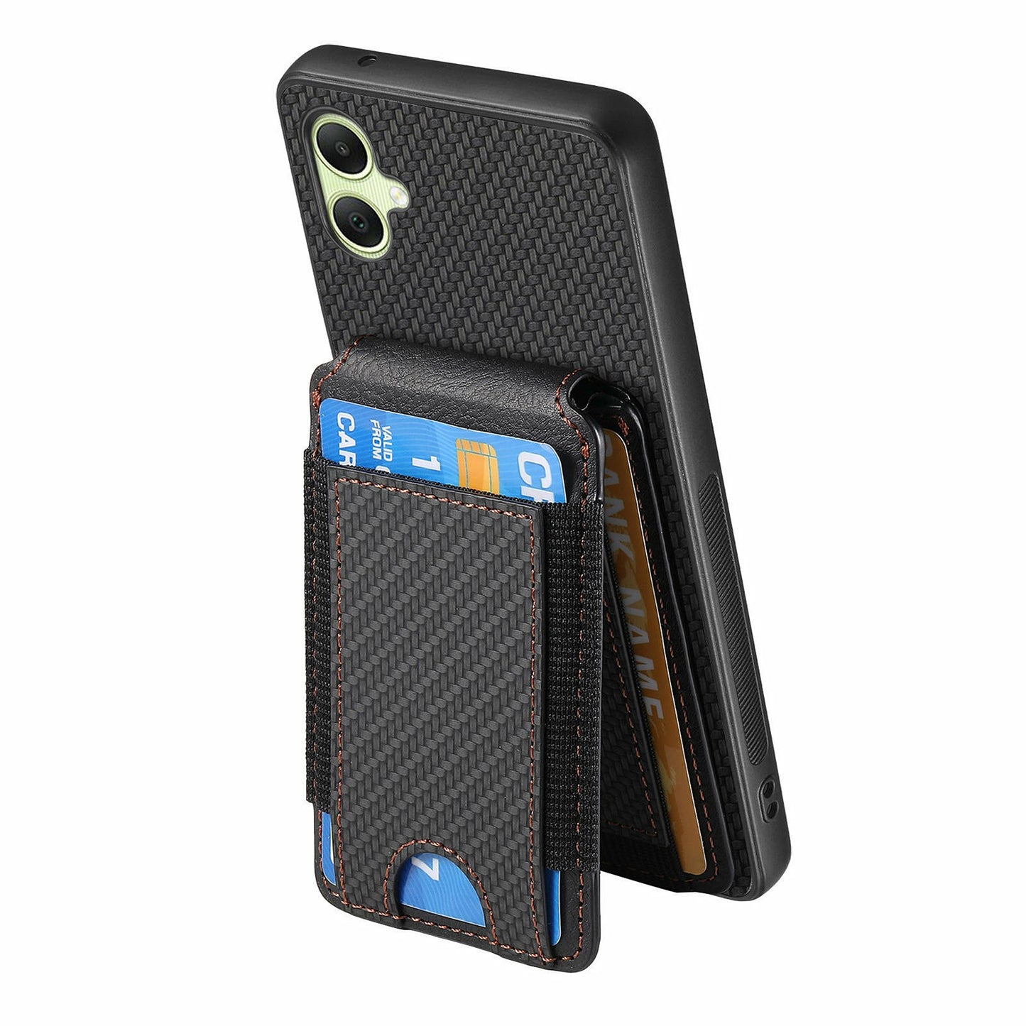 For Samsung Galaxy A06 Case Card Holder Leather+PC+TPU Kickstand Phone Cover - Black