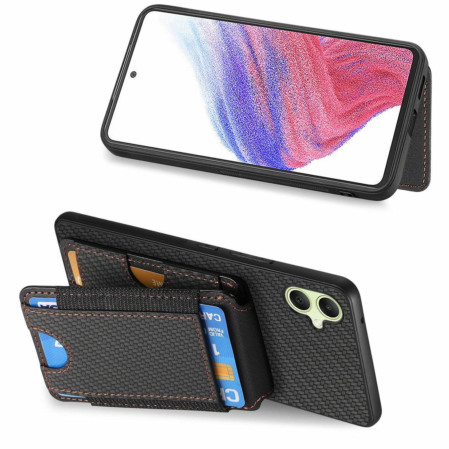 For Samsung Galaxy A06 Case Card Holder Leather+PC+TPU Kickstand Phone Cover - Black