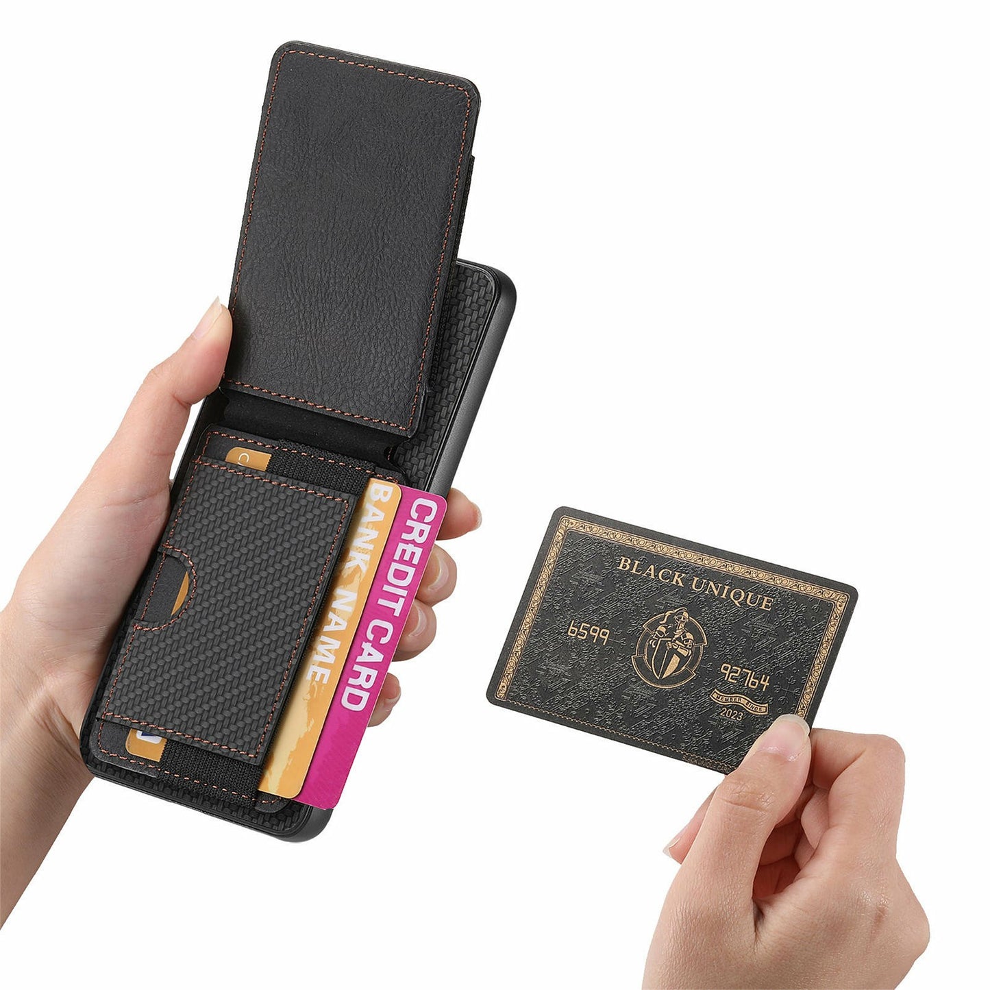 For Samsung Galaxy A06 Case Card Holder Leather+PC+TPU Kickstand Phone Cover - Black