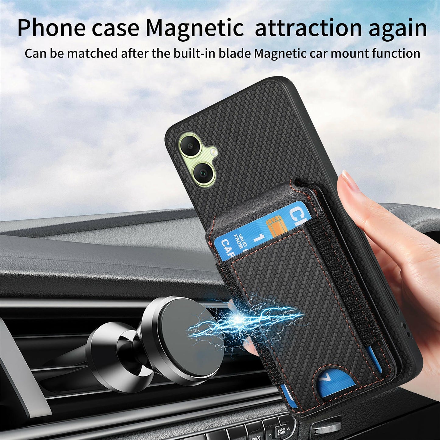 For Samsung Galaxy A06 Case Card Holder Leather+PC+TPU Kickstand Phone Cover - Black