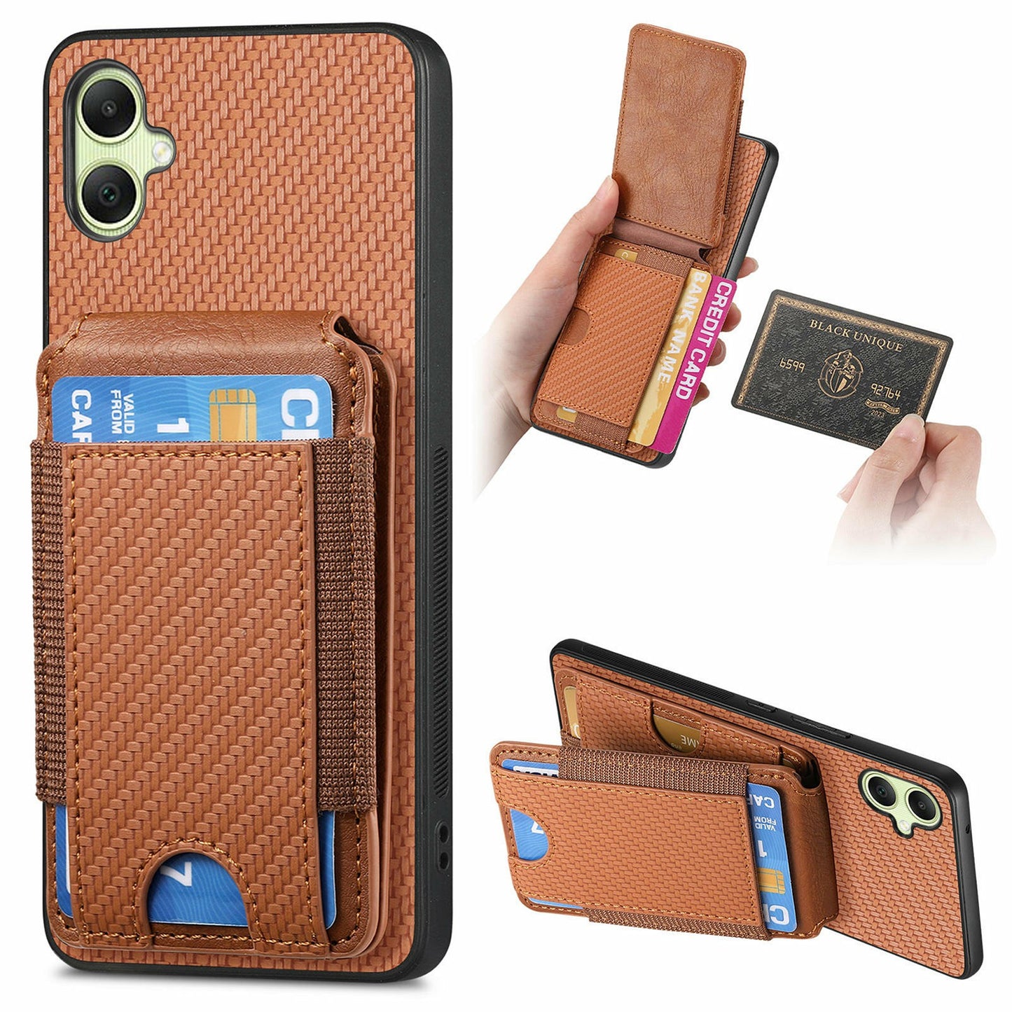 For Samsung Galaxy A06 Case Card Holder Leather+PC+TPU Kickstand Phone Cover - Brown