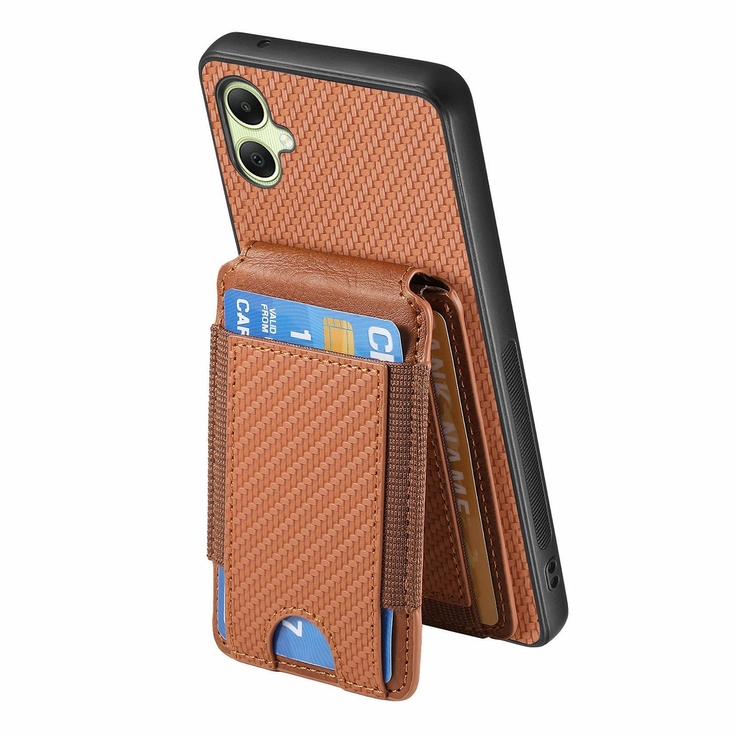 For Samsung Galaxy A06 Case Card Holder Leather+PC+TPU Kickstand Phone Cover - Brown