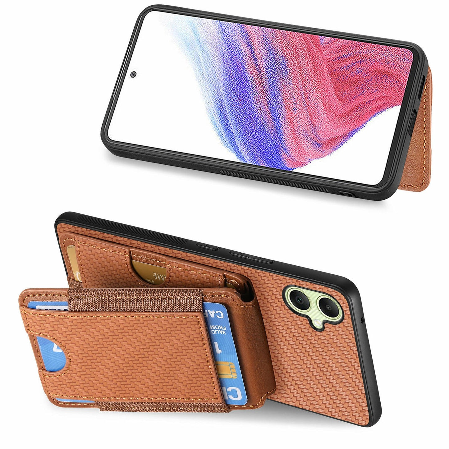 For Samsung Galaxy A06 Case Card Holder Leather+PC+TPU Kickstand Phone Cover - Brown