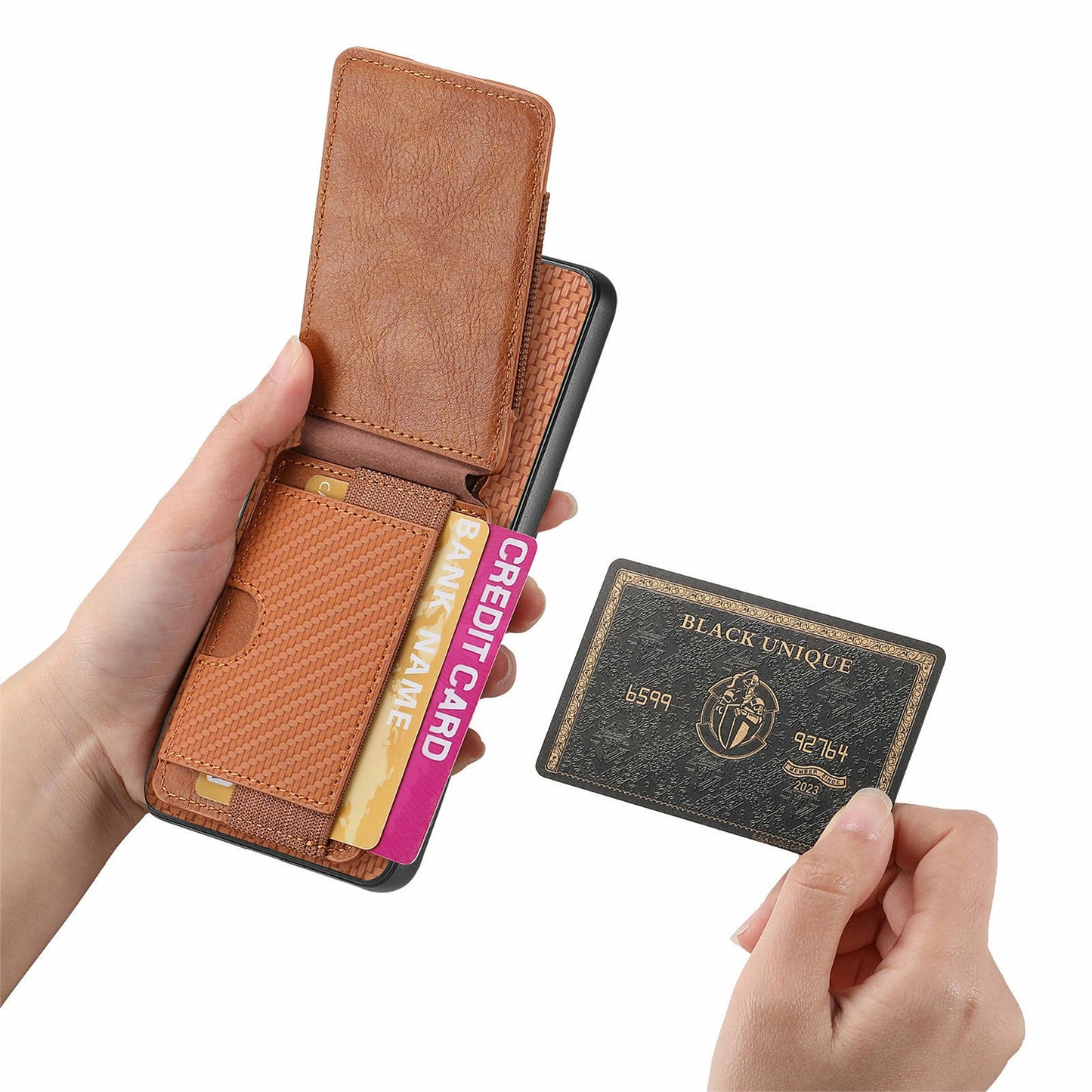 For Samsung Galaxy A06 Case Card Holder Leather+PC+TPU Kickstand Phone Cover - Brown