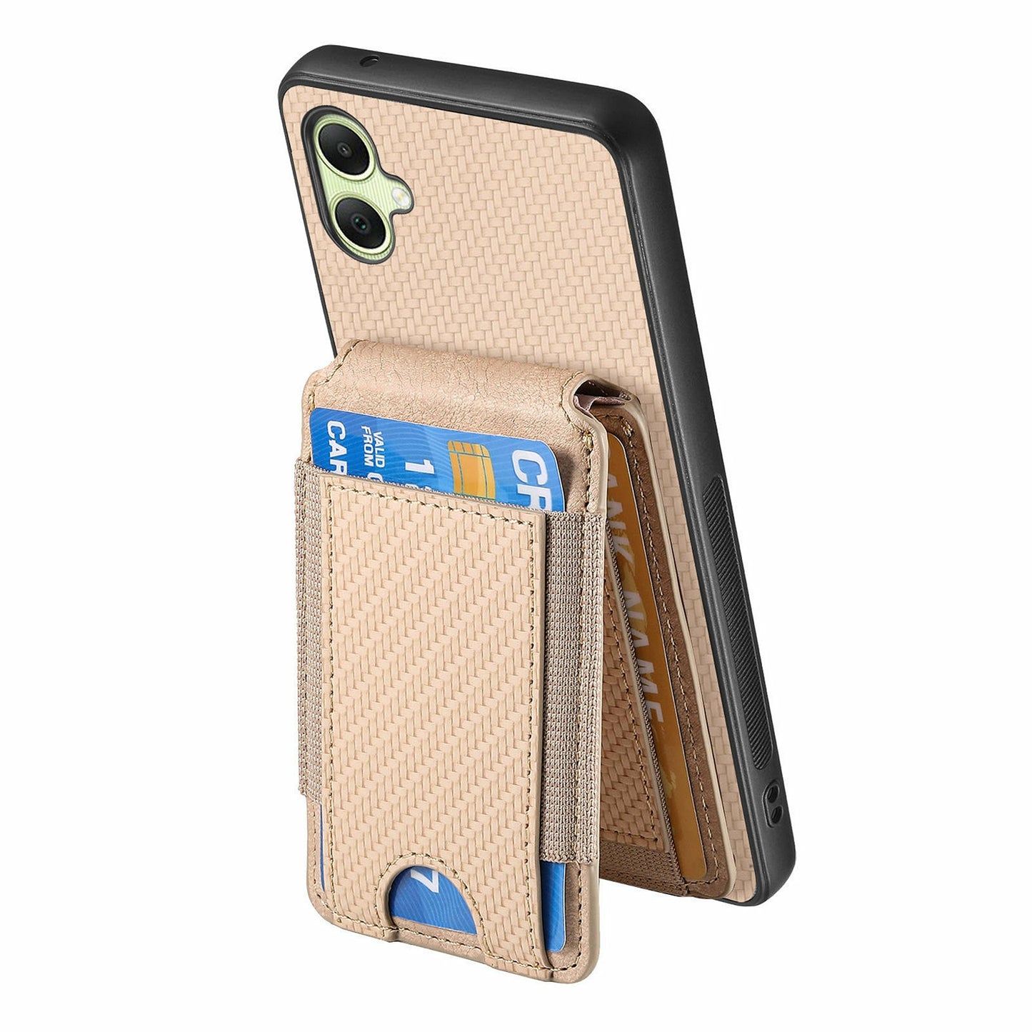 For Samsung Galaxy A06 Case Card Holder Leather+PC+TPU Kickstand Phone Cover - Khaki