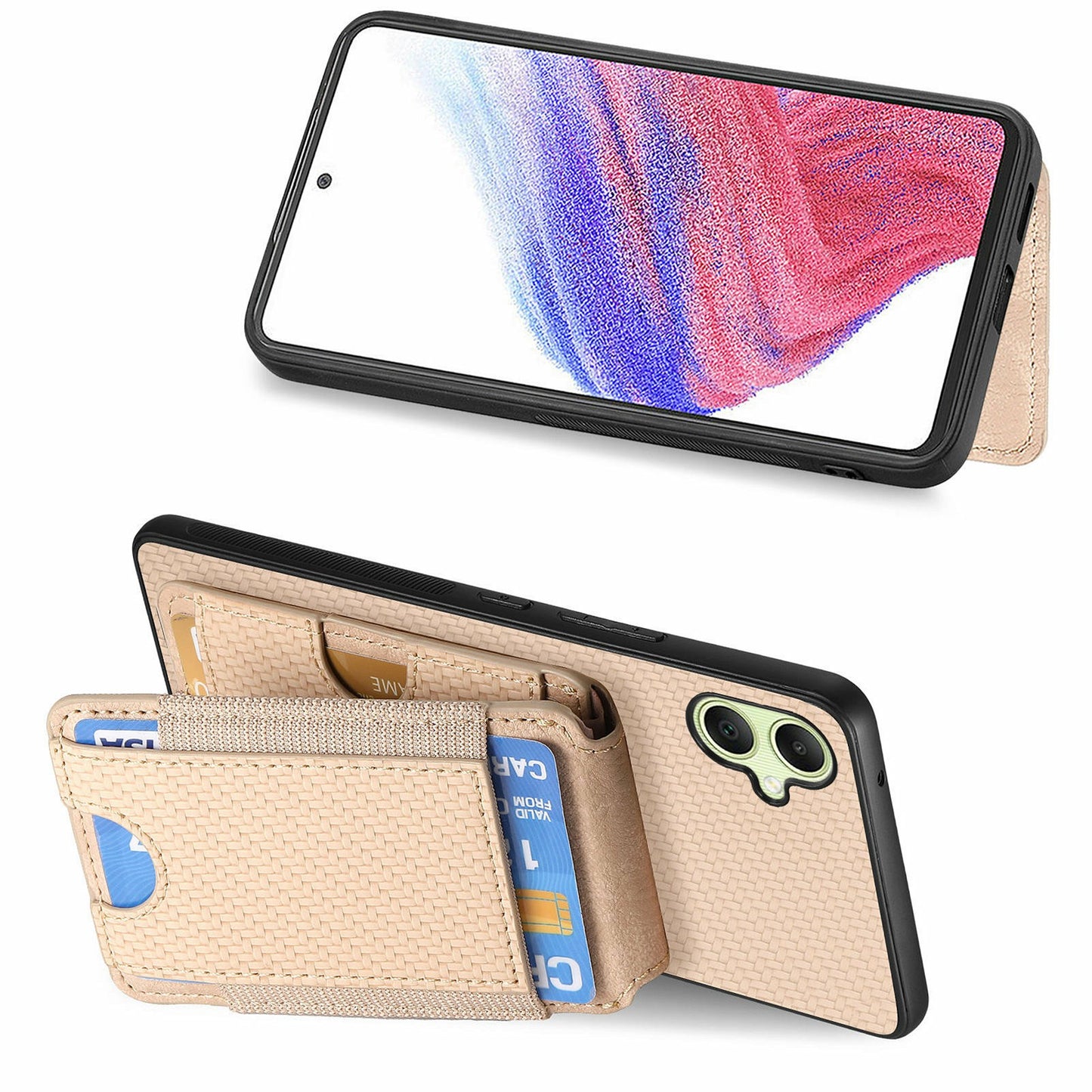 For Samsung Galaxy A06 Case Card Holder Leather+PC+TPU Kickstand Phone Cover - Khaki