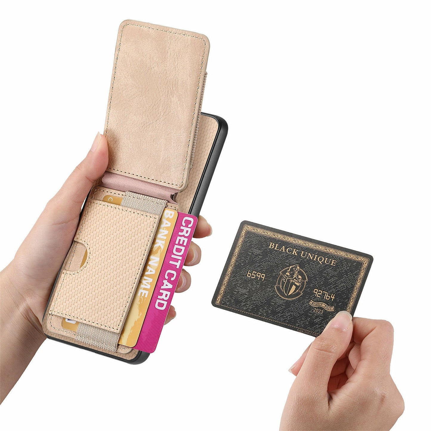 For Samsung Galaxy A06 Case Card Holder Leather+PC+TPU Kickstand Phone Cover - Khaki