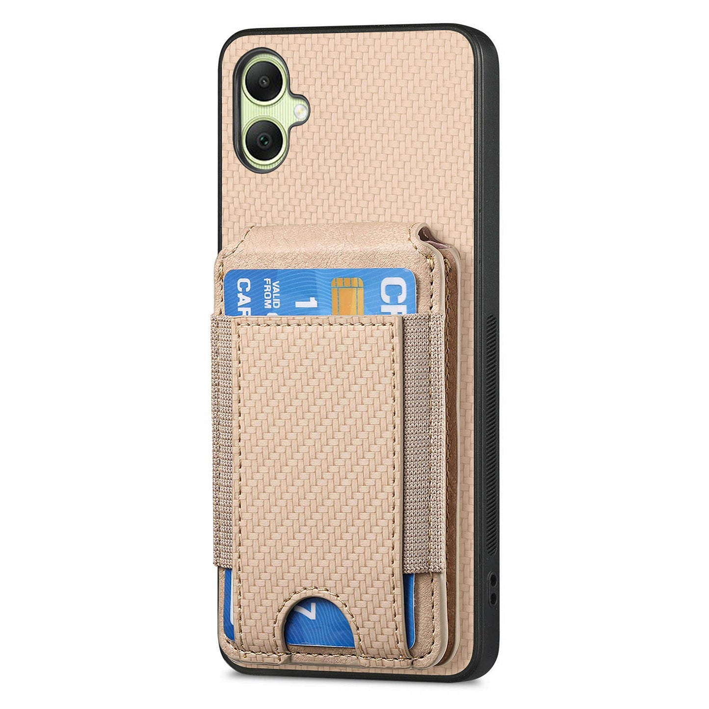 For Samsung Galaxy A06 Case Card Holder Leather+PC+TPU Kickstand Phone Cover - Khaki