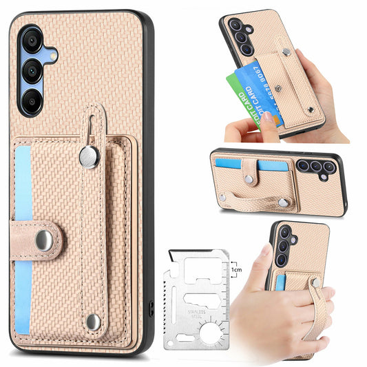 For Samsung Galaxy A16 4G / 5G Case Wristband Anti-Drop Leather Back Cover Card Holder - Khaki