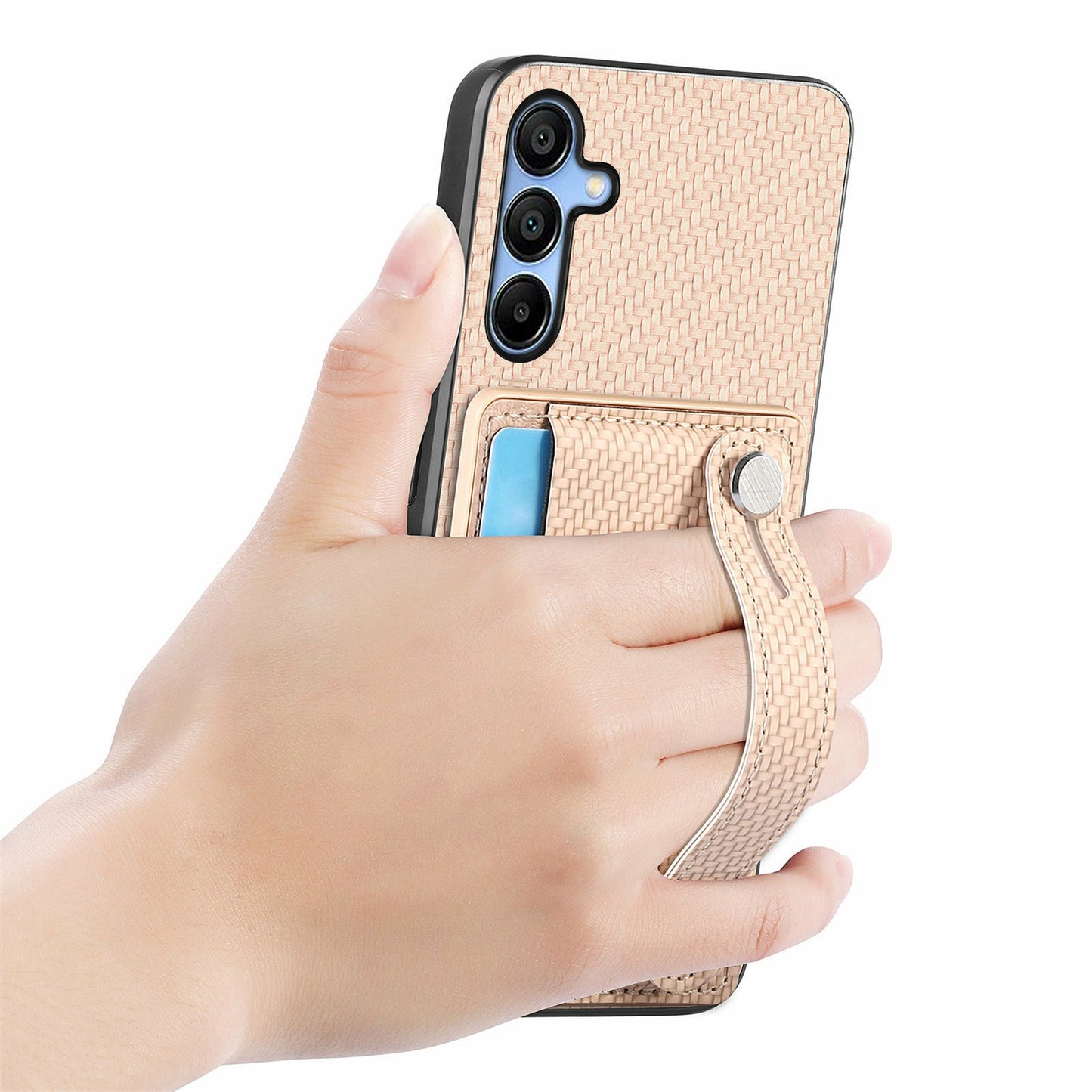 For Samsung Galaxy A16 4G / 5G Case Wristband Anti-Drop Leather Back Cover Card Holder - Khaki