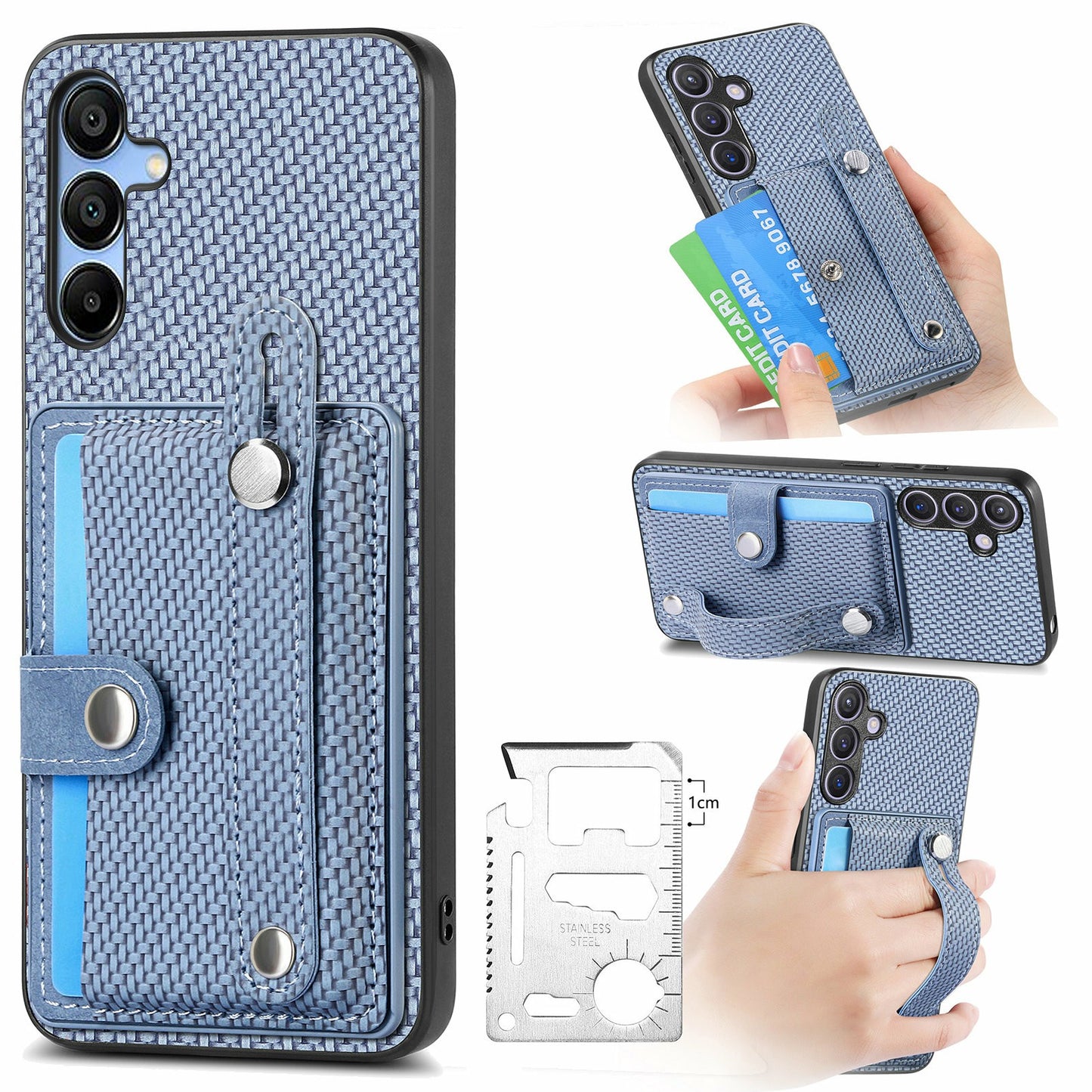 For Samsung Galaxy A16 4G / 5G Case Wristband Anti-Drop Leather Back Cover Card Holder - Blue