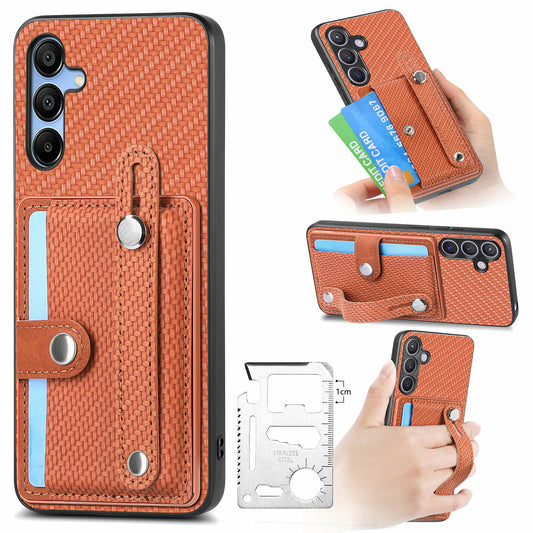 For Samsung Galaxy A16 4G / 5G Case Wristband Anti-Drop Leather Back Cover Card Holder - Brown