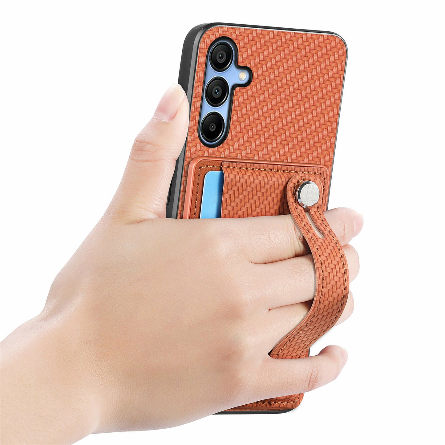 For Samsung Galaxy A16 4G / 5G Case Wristband Anti-Drop Leather Back Cover Card Holder - Brown