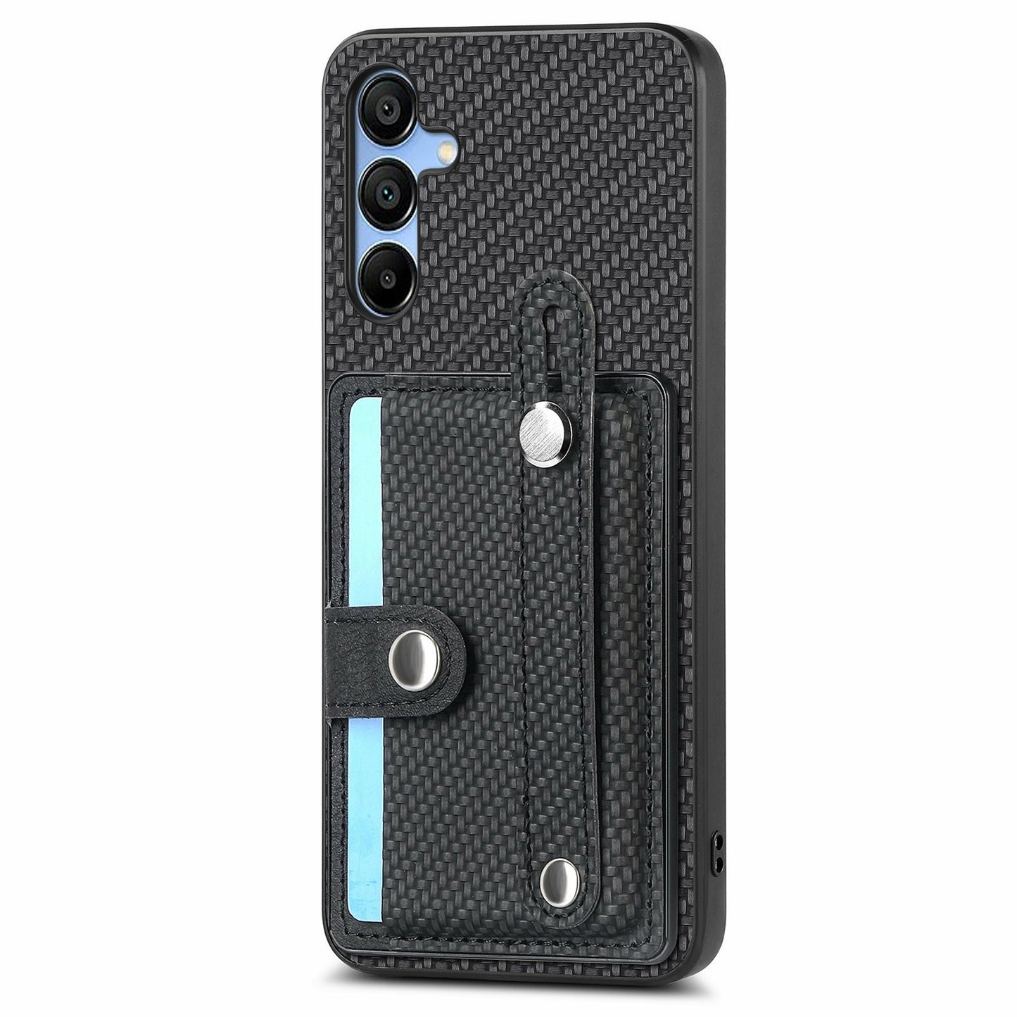 For Samsung Galaxy A16 4G / 5G Case Wristband Anti-Drop Leather Back Cover Card Holder - Black