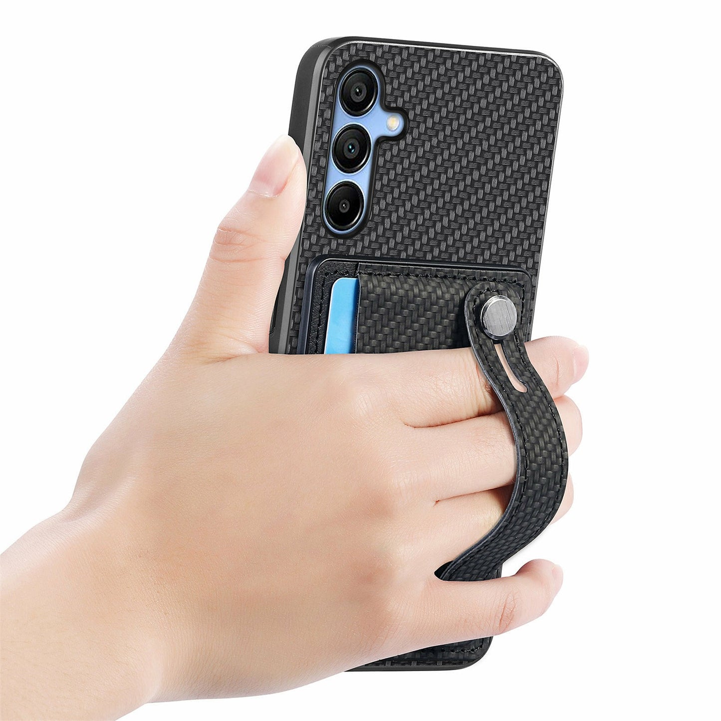 For Samsung Galaxy A16 4G / 5G Case Wristband Anti-Drop Leather Back Cover Card Holder - Black