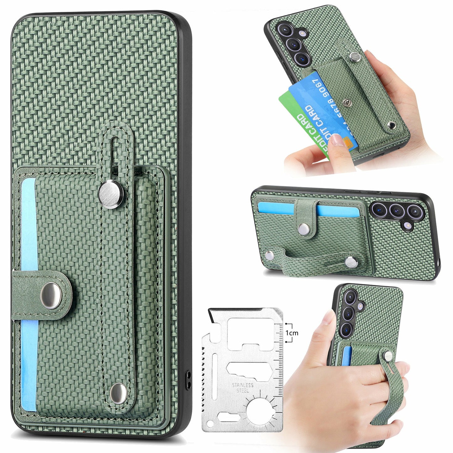 For Samsung Galaxy A16 4G / 5G Case Wristband Anti-Drop Leather Back Cover Card Holder - Green