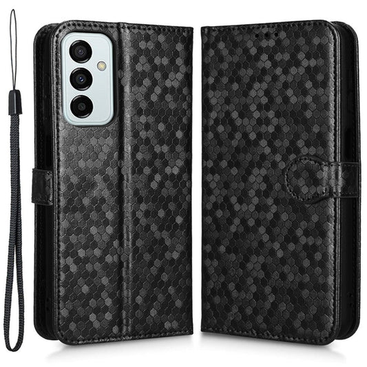 For Samsung Galaxy M23 5G / F23 5G PU Leather Wallet Flip Cover Dot Pattern Imprinted Magnetic Closure Stand Shockproof TPU Phone Case with Strap - Black