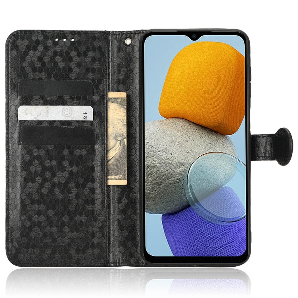 For Samsung Galaxy M23 5G / F23 5G PU Leather Wallet Flip Cover Dot Pattern Imprinted Magnetic Closure Stand Shockproof TPU Phone Case with Strap - Black