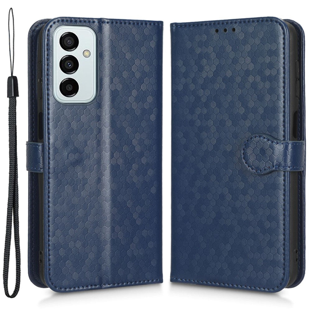 For Samsung Galaxy M23 5G / F23 5G PU Leather Wallet Flip Cover Dot Pattern Imprinted Magnetic Closure Stand Shockproof TPU Phone Case with Strap - Dark Blue