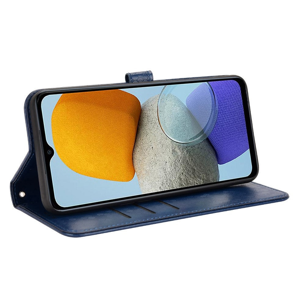 For Samsung Galaxy M23 5G / F23 5G PU Leather Wallet Flip Cover Dot Pattern Imprinted Magnetic Closure Stand Shockproof TPU Phone Case with Strap - Dark Blue
