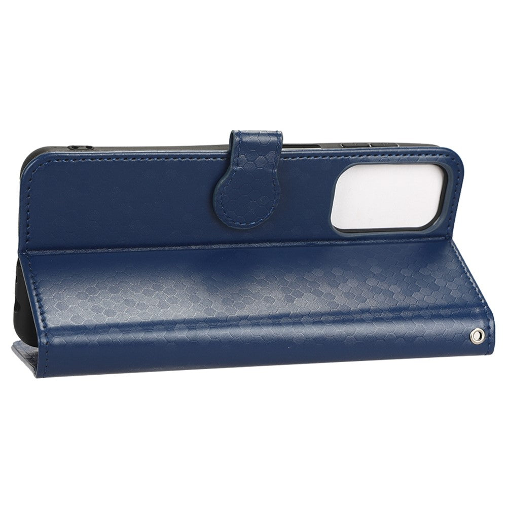 For Samsung Galaxy M23 5G / F23 5G PU Leather Wallet Flip Cover Dot Pattern Imprinted Magnetic Closure Stand Shockproof TPU Phone Case with Strap - Dark Blue