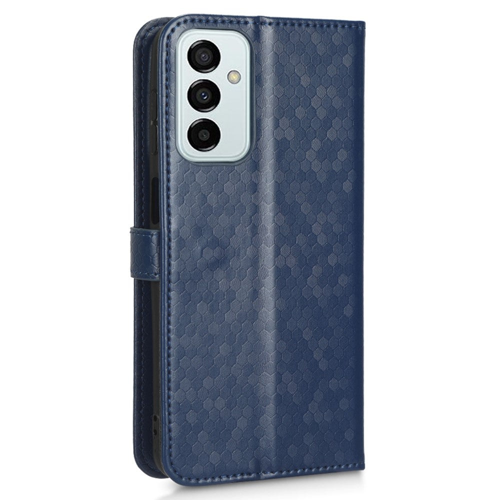 For Samsung Galaxy M23 5G / F23 5G PU Leather Wallet Flip Cover Dot Pattern Imprinted Magnetic Closure Stand Shockproof TPU Phone Case with Strap - Dark Blue