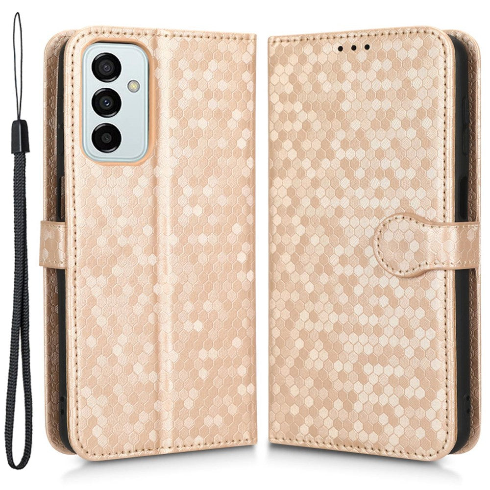For Samsung Galaxy M23 5G / F23 5G PU Leather Wallet Flip Cover Dot Pattern Imprinted Magnetic Closure Stand Shockproof TPU Phone Case with Strap - Rose Gold