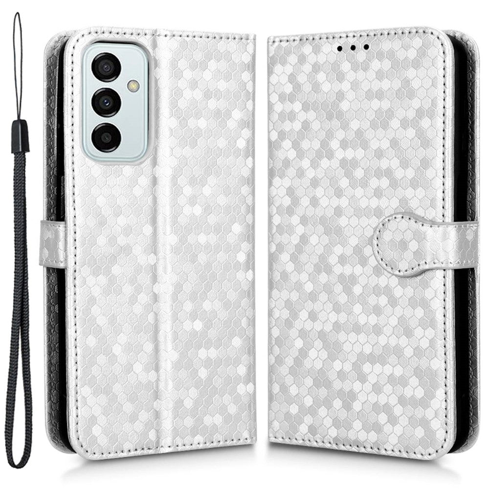 For Samsung Galaxy M23 5G / F23 5G PU Leather Wallet Flip Cover Dot Pattern Imprinted Magnetic Closure Stand Shockproof TPU Phone Case with Strap - Silver