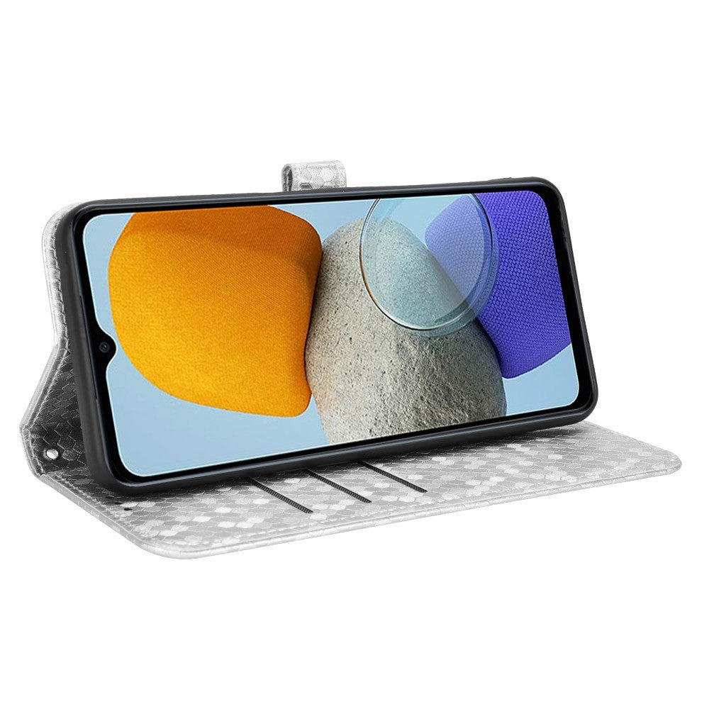 For Samsung Galaxy M23 5G / F23 5G PU Leather Wallet Flip Cover Dot Pattern Imprinted Magnetic Closure Stand Shockproof TPU Phone Case with Strap - Silver