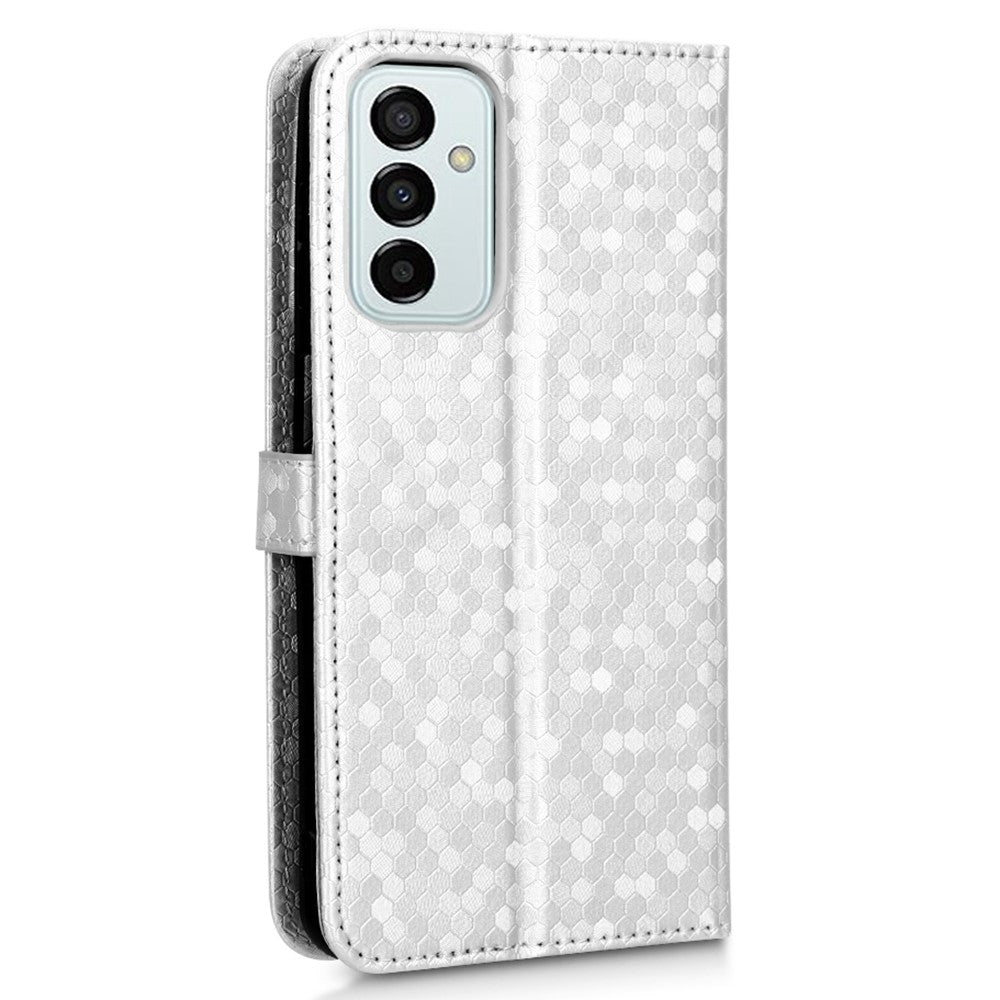 For Samsung Galaxy M23 5G / F23 5G PU Leather Wallet Flip Cover Dot Pattern Imprinted Magnetic Closure Stand Shockproof TPU Phone Case with Strap - Silver