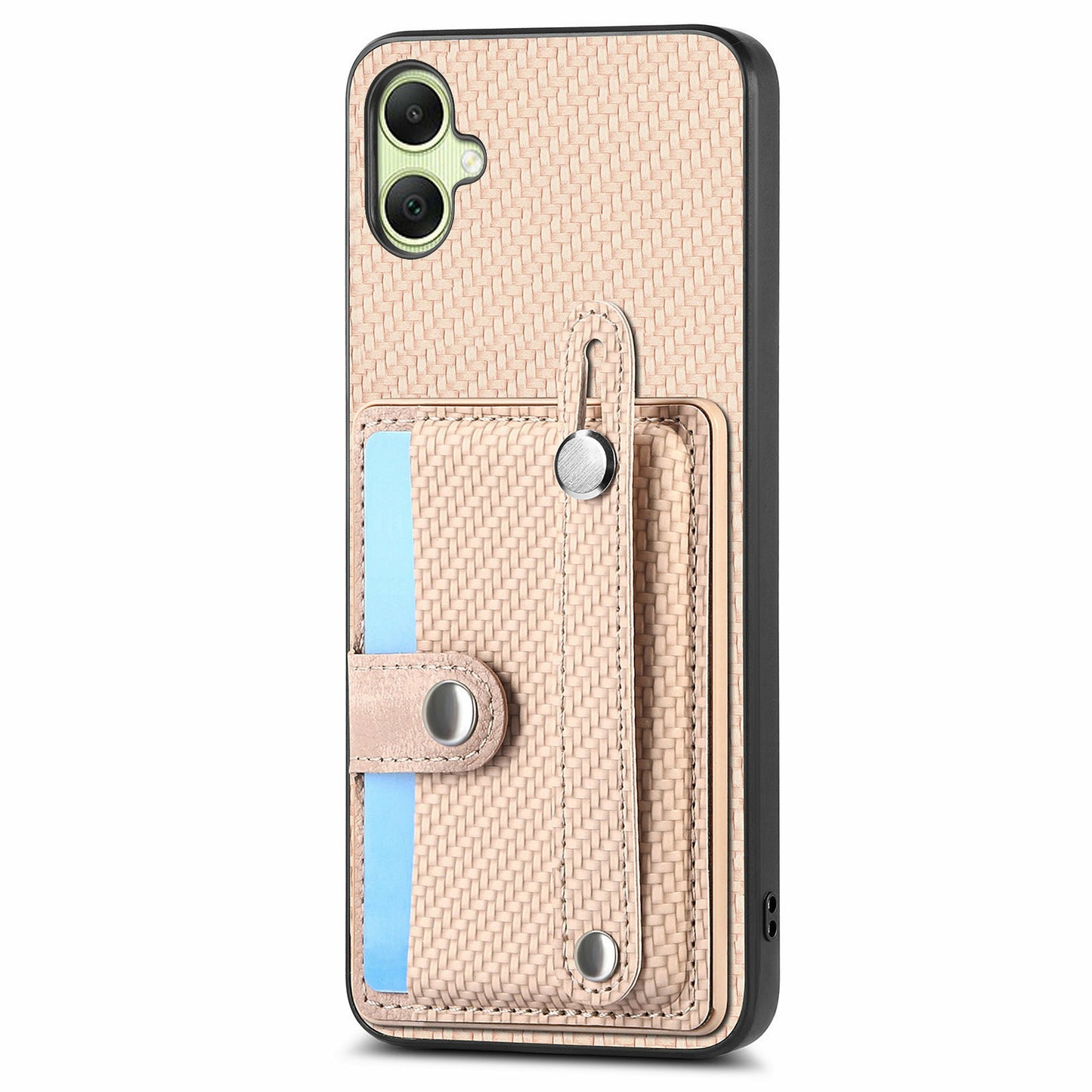 For Samsung Galaxy A06 Case Wristband Anti-Drop Leather Back Cover Card Holder - Khaki