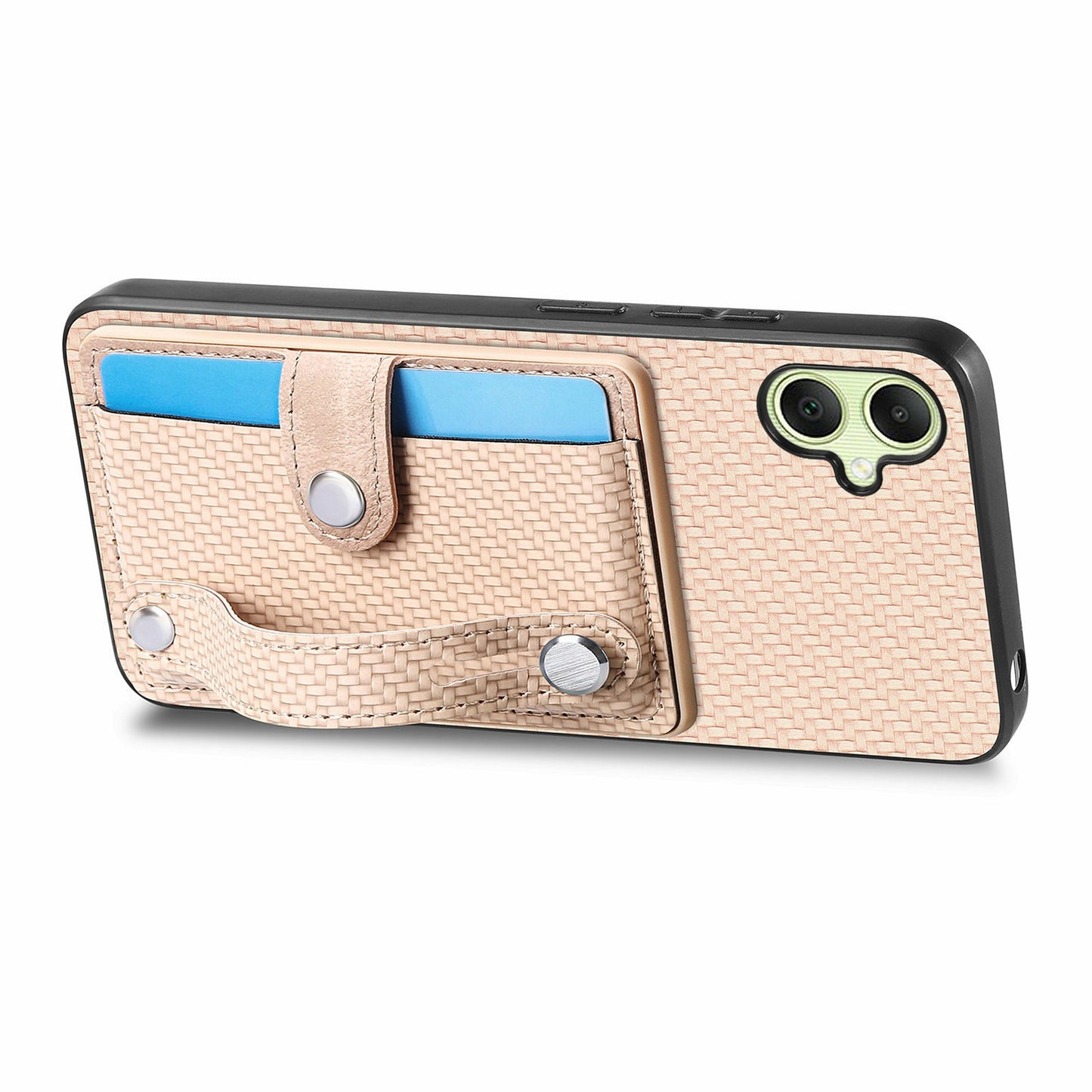 For Samsung Galaxy A06 Case Wristband Anti-Drop Leather Back Cover Card Holder - Khaki