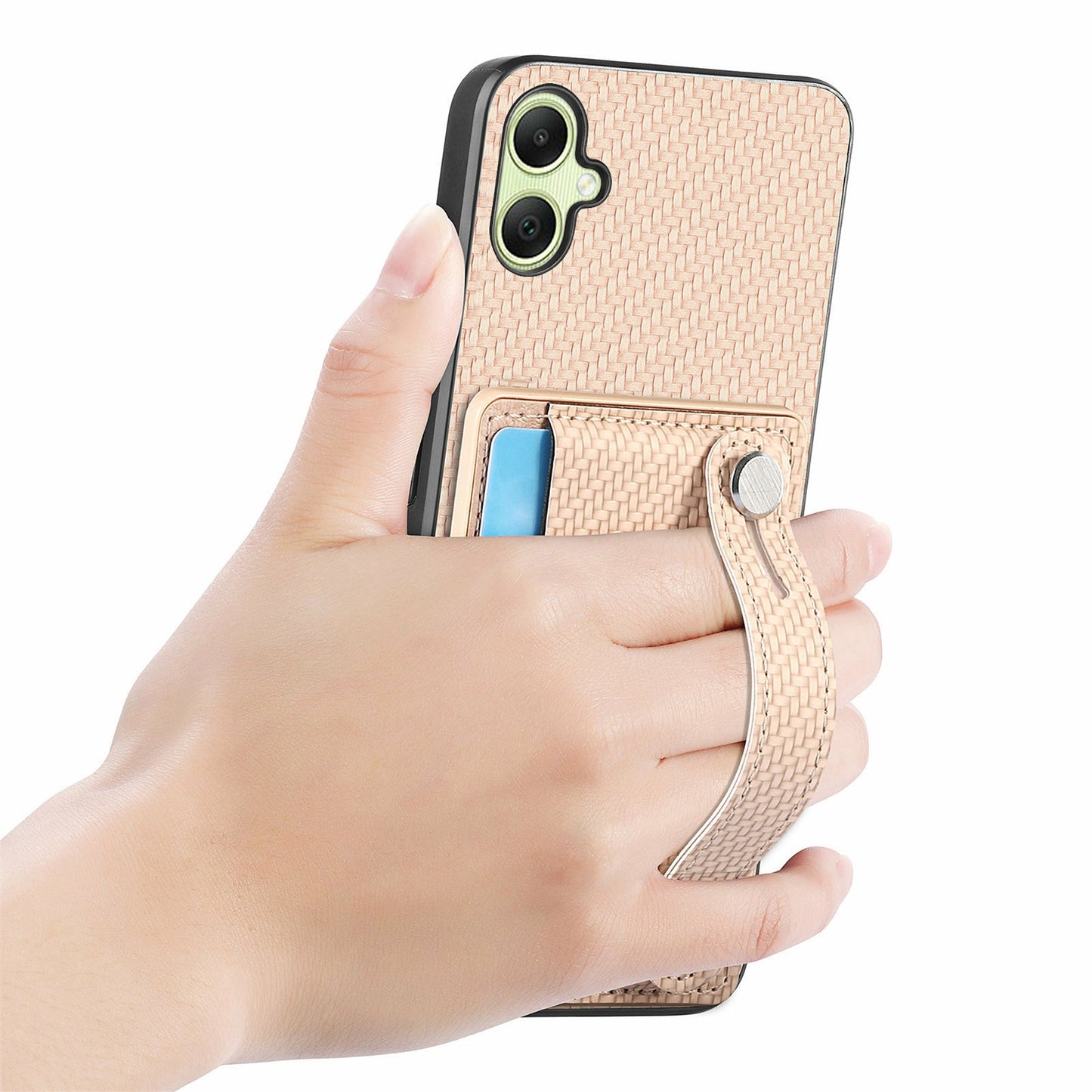 For Samsung Galaxy A06 Case Wristband Anti-Drop Leather Back Cover Card Holder - Khaki