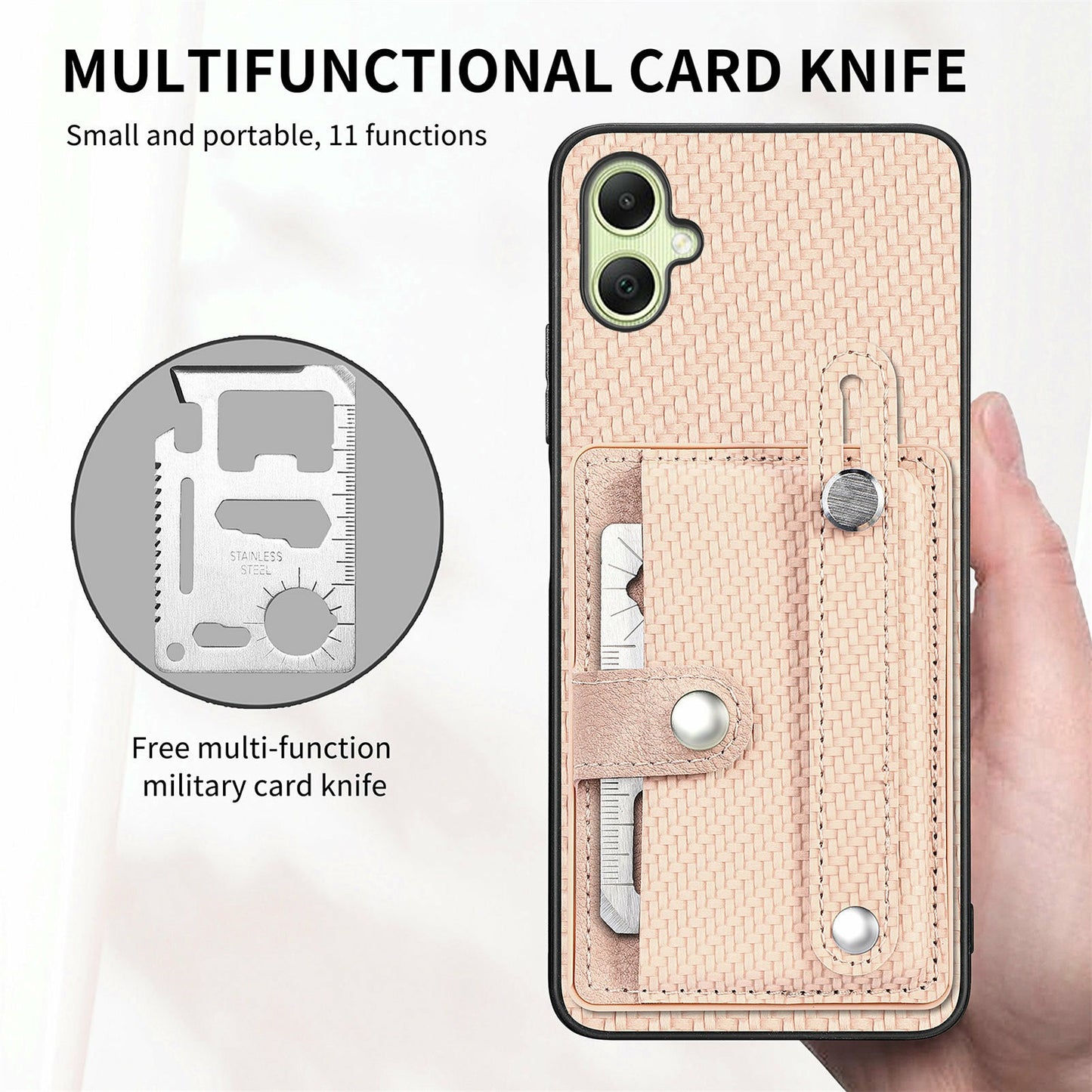 For Samsung Galaxy A06 Case Wristband Anti-Drop Leather Back Cover Card Holder - Khaki