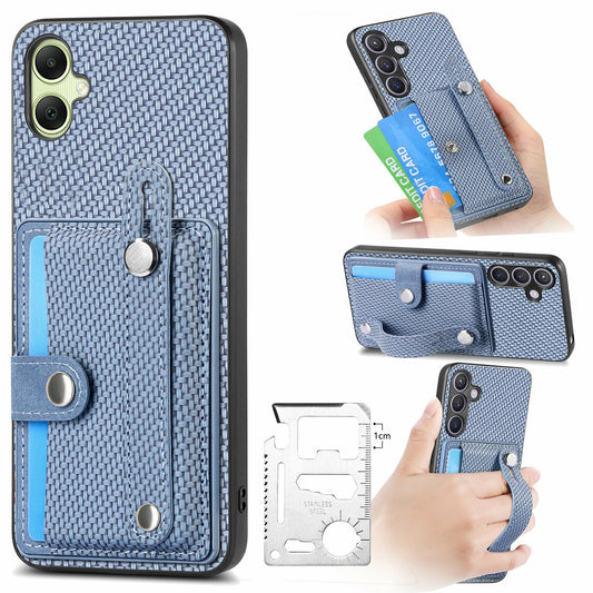 For Samsung Galaxy A06 Case Wristband Anti-Drop Leather Back Cover Card Holder - Blue