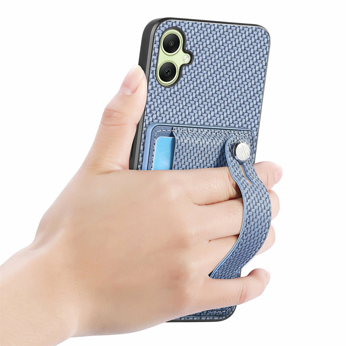 For Samsung Galaxy A06 Case Wristband Anti-Drop Leather Back Cover Card Holder - Blue