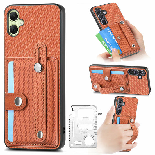 For Samsung Galaxy A06 Case Wristband Anti-Drop Leather Back Cover Card Holder - Brown