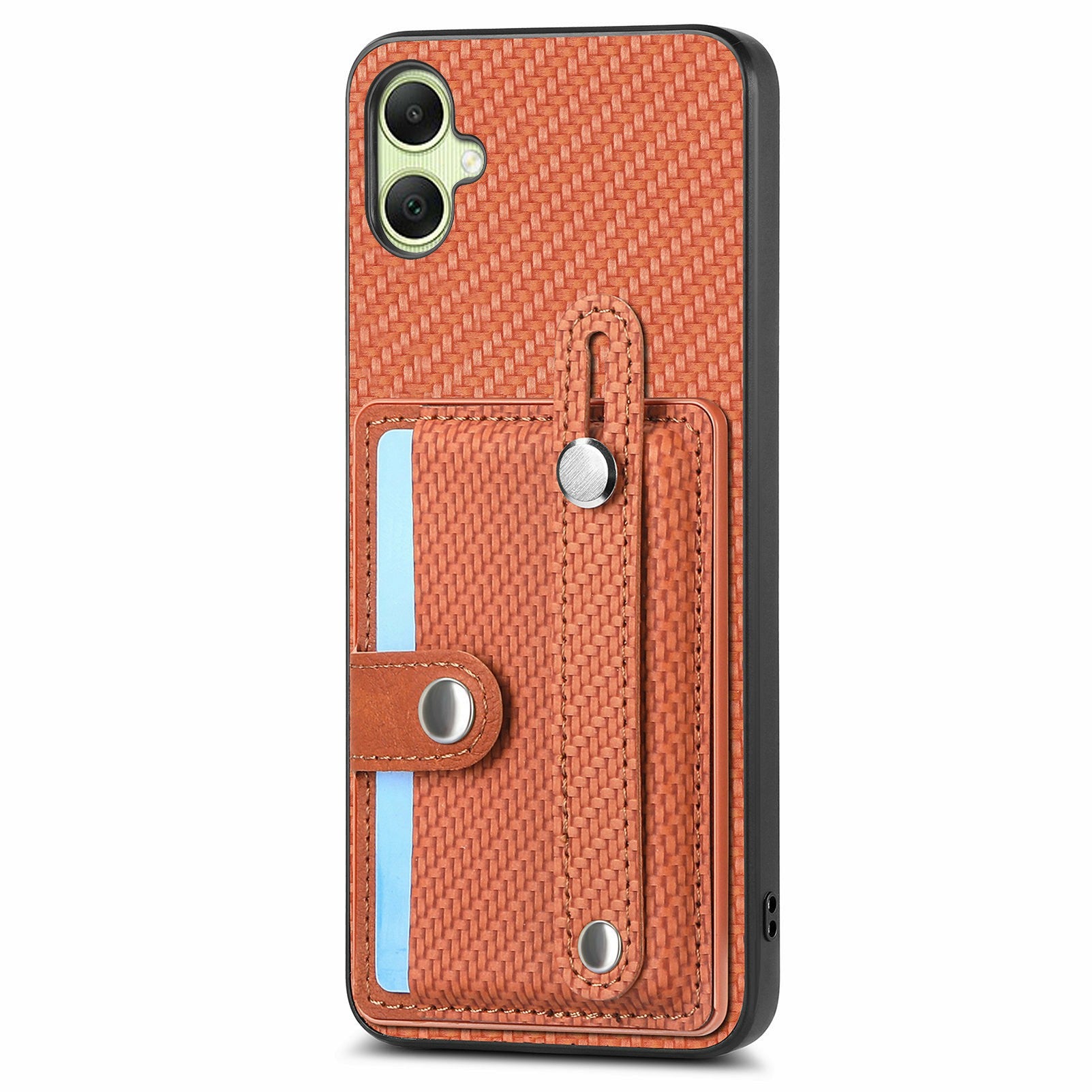 For Samsung Galaxy A06 Case Wristband Anti-Drop Leather Back Cover Card Holder - Brown