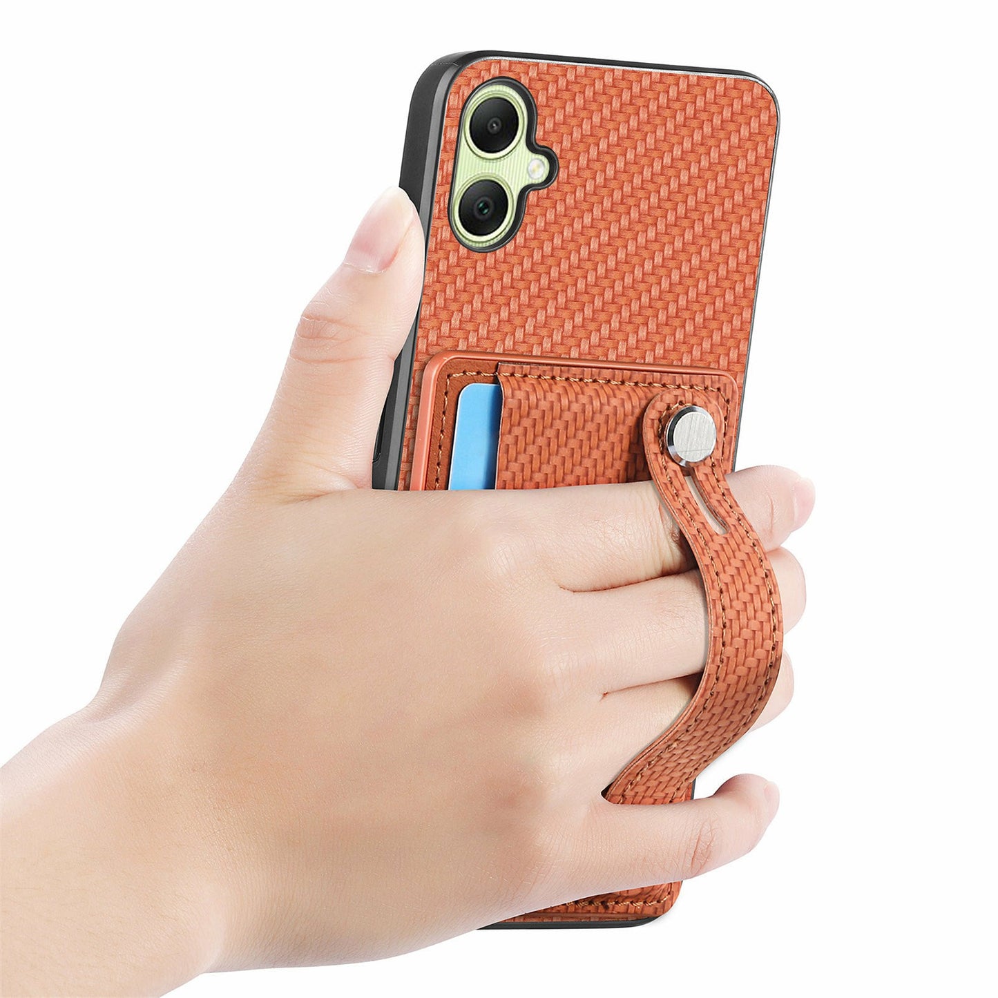 For Samsung Galaxy A06 Case Wristband Anti-Drop Leather Back Cover Card Holder - Brown