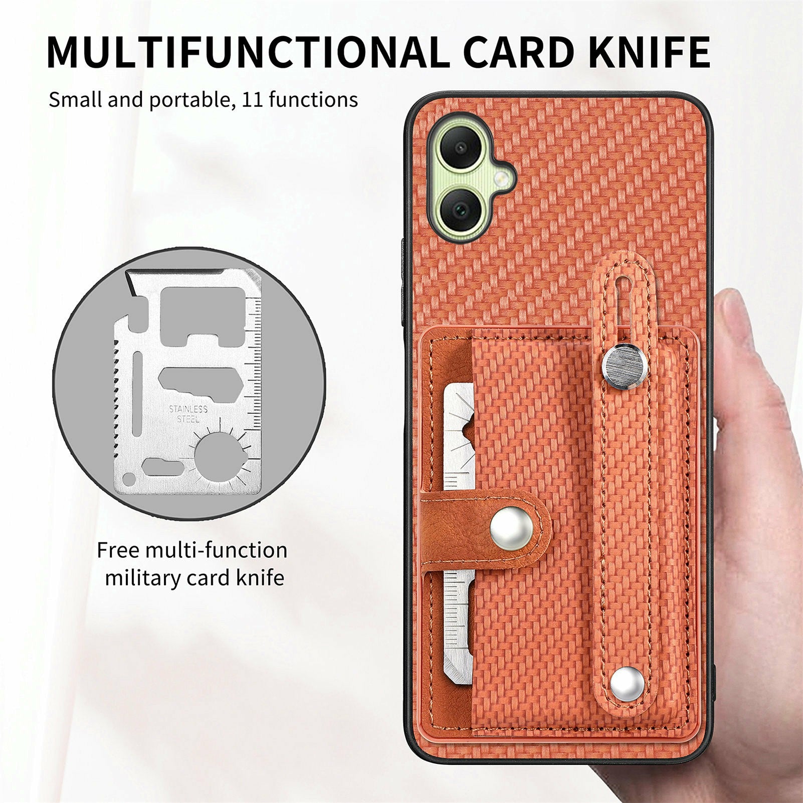 For Samsung Galaxy A06 Case Wristband Anti-Drop Leather Back Cover Card Holder - Brown