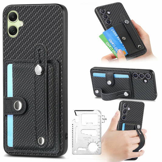 For Samsung Galaxy A06 Case Wristband Anti-Drop Leather Back Cover Card Holder - Black