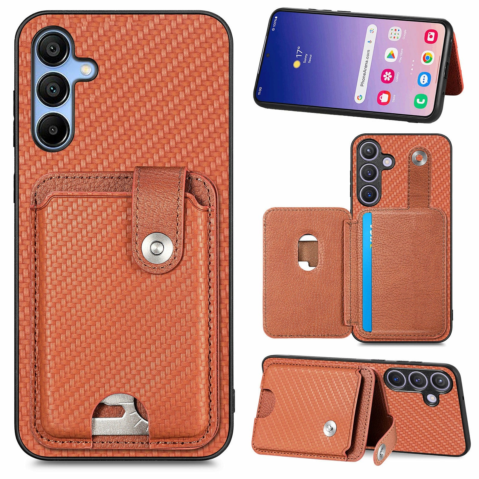 For Samsung Galaxy A16 4G / 5G Case Card Holder Leather+PC+TPU Phone Cover with Card Knife - Brown