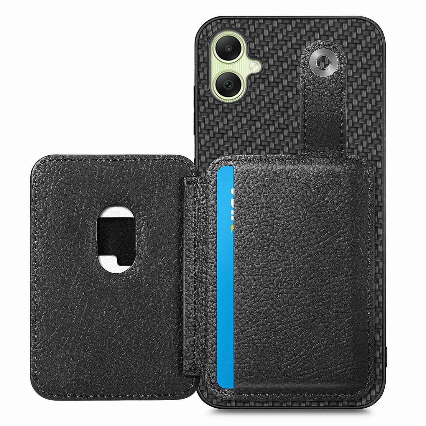 For Samsung Galaxy A06 Case Card Holder Leather+PC+TPU Phone Cover with Card Knife - Black
