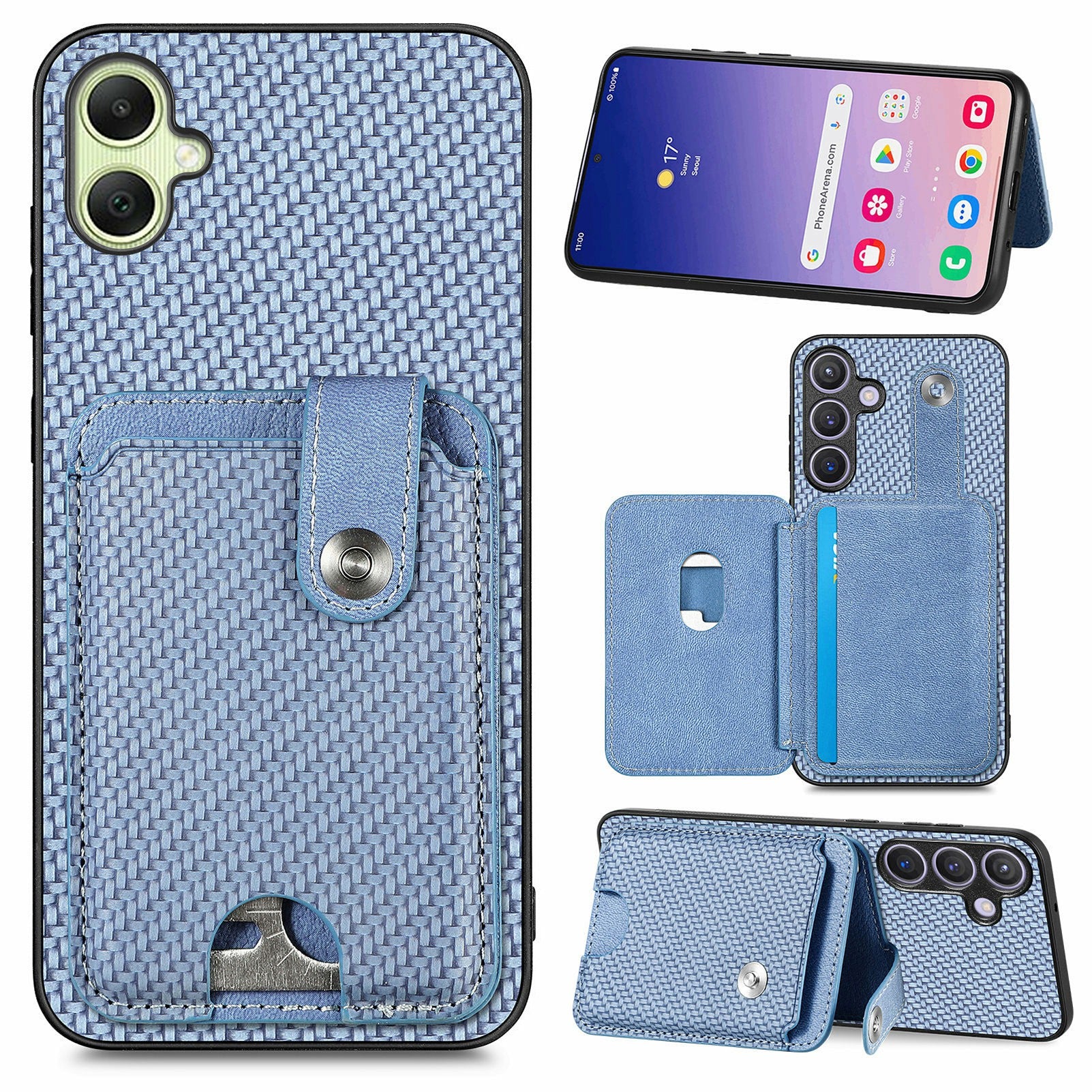 For Samsung Galaxy A06 Case Card Holder Leather+PC+TPU Phone Cover with Card Knife - Blue