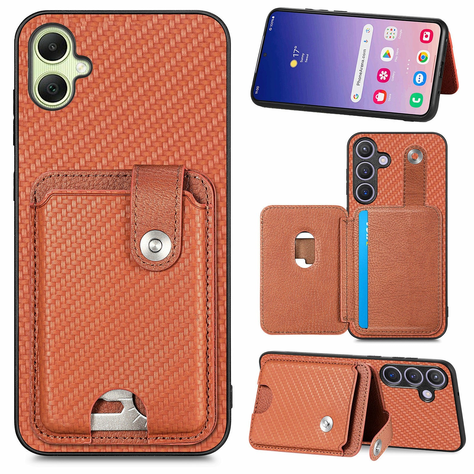 For Samsung Galaxy A06 Case Card Holder Leather+PC+TPU Phone Cover with Card Knife - Brown