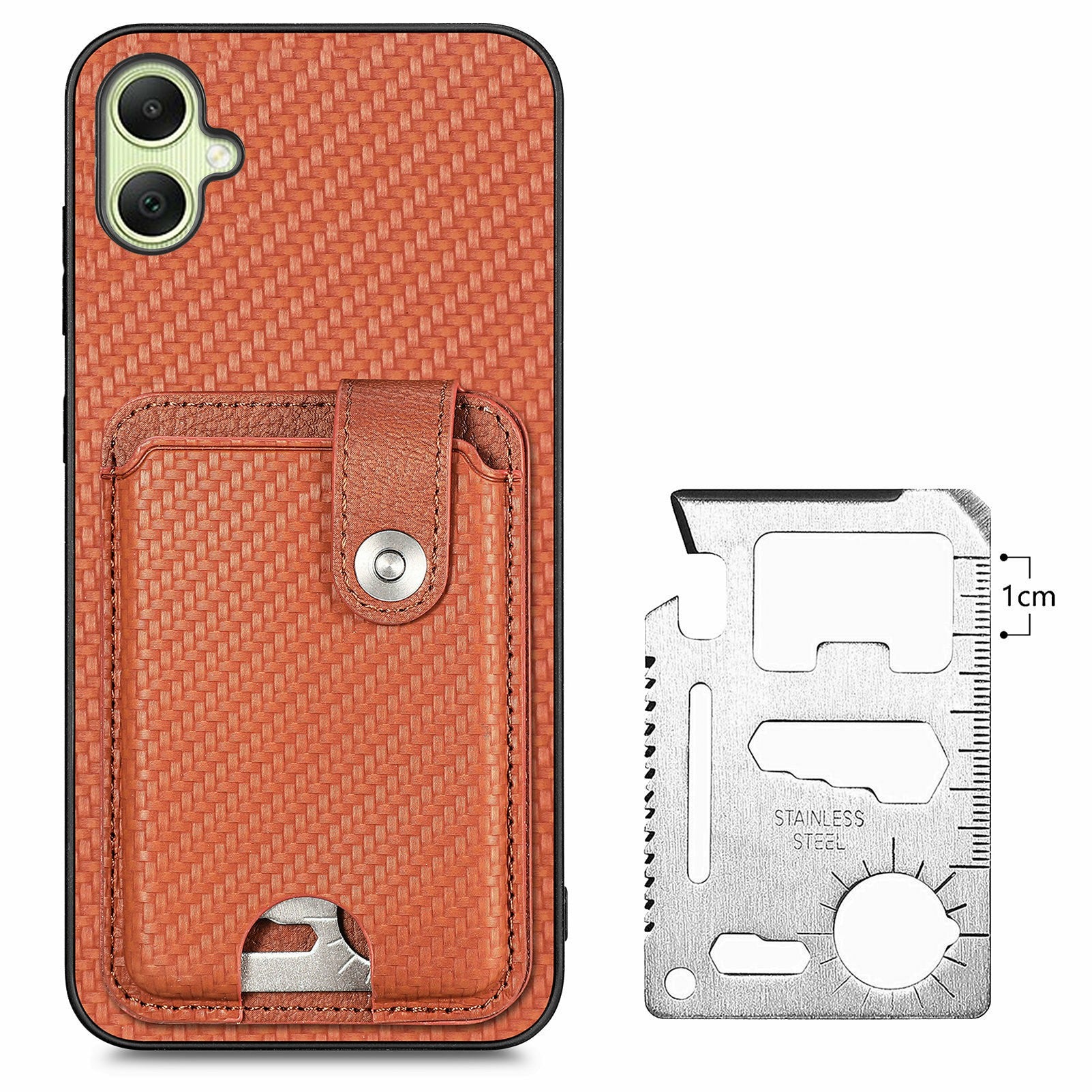 For Samsung Galaxy A06 Case Card Holder Leather+PC+TPU Phone Cover with Card Knife - Brown