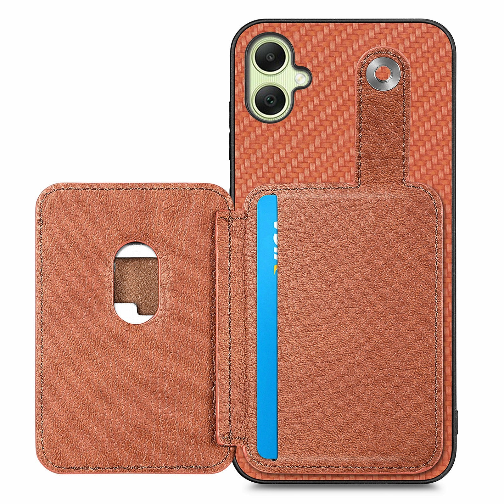 For Samsung Galaxy A06 Case Card Holder Leather+PC+TPU Phone Cover with Card Knife - Brown